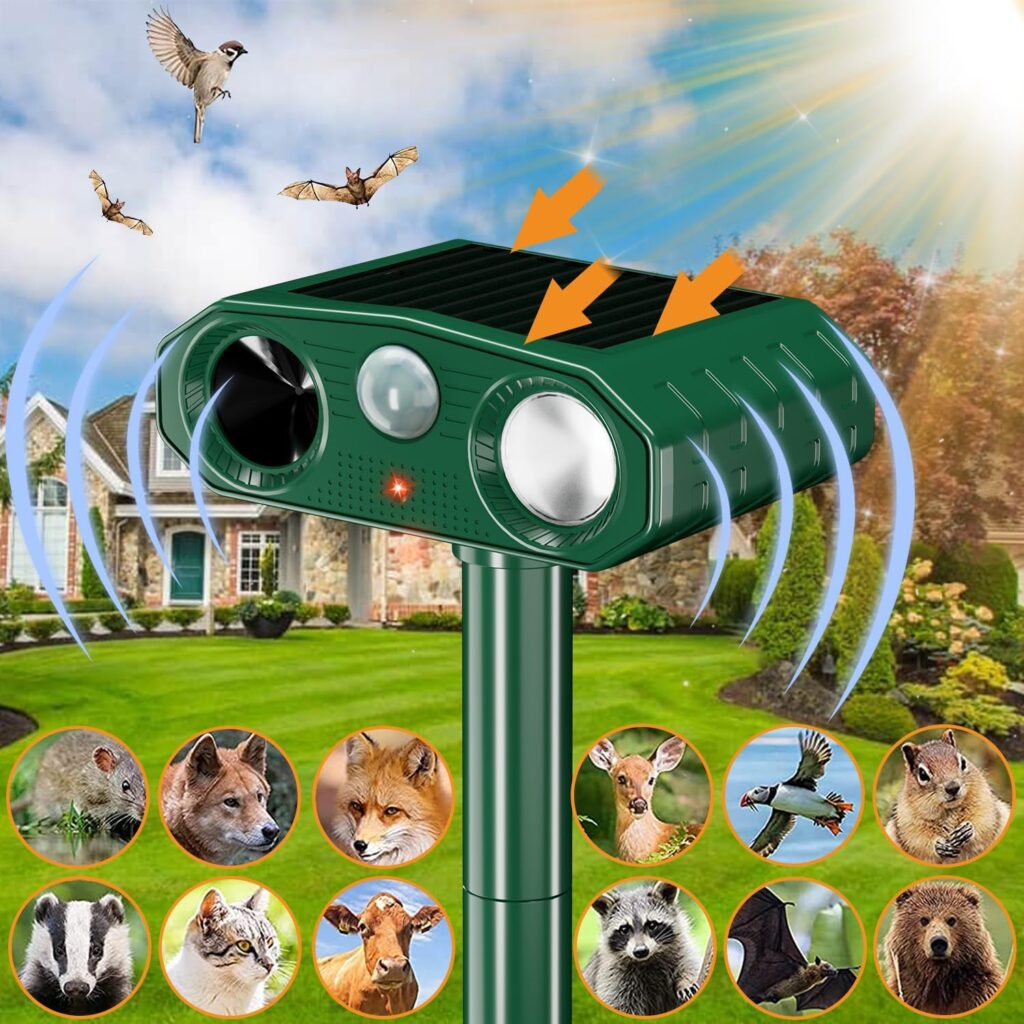 2023 Solar Ultrasonic Animal Repeller, Outdoor Animal Deterrent Solar Dog Chaser, Ultrasonic Solar Powered Animal Repeller Waterproof Animal Repeller Protect Farm for Dog, Cat, Bird, Rabbit, Raccoon